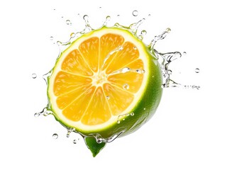 Fresh lime cut in half creating a refreshing splash of water on a clean white background, citrus, half