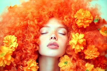 Stunning calm mixed-race girl - for ads, flyer and social media use. Commercial ad campaign concept layout. Long hairdo - curly hair. African model beauty. Vibrant colored hairstyles.