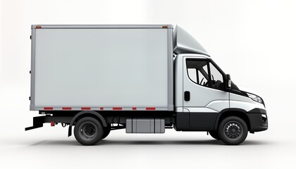 Blank white delivery truck stands on white background. Modern commercial vehicle with simple design. Empty cargo space. Perfect for transport, logistics, delivery concept images. Versatile, adaptable