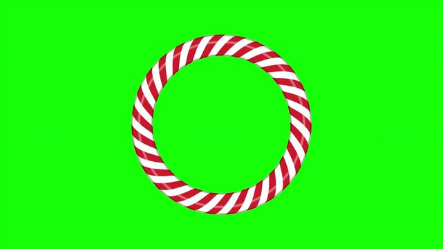 Candy cane frame animation with red and white striped. Circle frame with striped candy lollipop pattern. Winter ornament decoration. Seamless animation