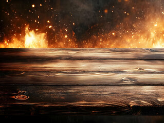 Fiery background, wooden table. Product display