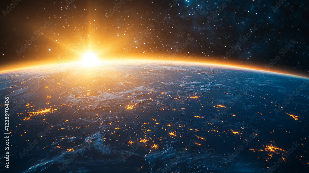 Poster minimalistic depiction of space with a close view of earth and the sun exploding in a bright tone mo