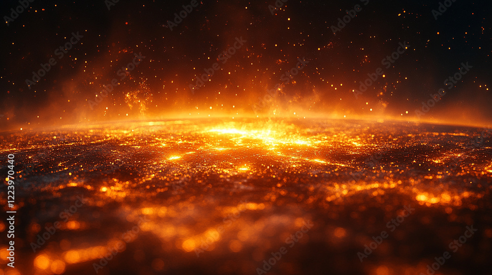 Poster minimalistic depiction of space with a close view of earth and the sun exploding in a bright tone mo