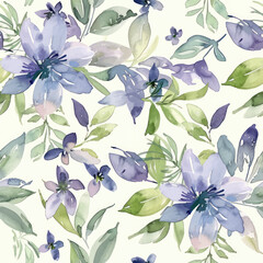 Cute  floral pattern, large purple and green flowers on a white background watercolor seamless pattern. Watercolor print in rustic vintage style, textile or wallpapers.
