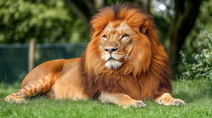 Majestic African Lion Resting in Lush Green Grass