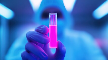 A scientist in protective gear holds a glowing test tube filled with a vibrant pink liquid, set against a blue-lit laboratory background.