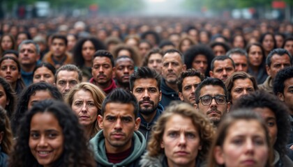 Large diverse crowd stands facing camera. Multi ethnic, multi generational people fill frame. People look serious attentive. Appear to part of large public event demonstration. Outdoor setting in