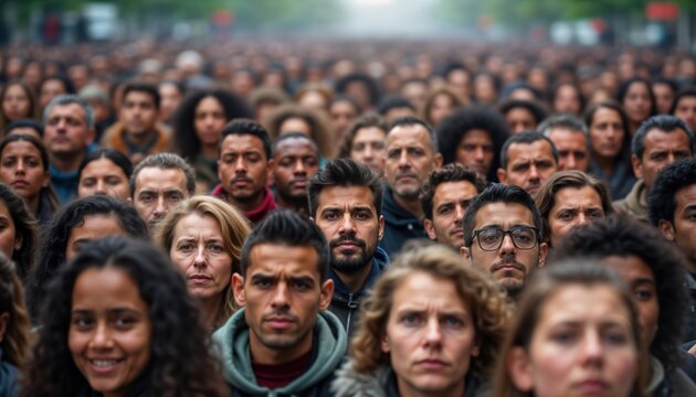 Large diverse crowd stands facing camera. Multi ethnic, multi generational people fill frame. People look serious attentive. Appear to part of large public event demonstration. Outdoor setting in