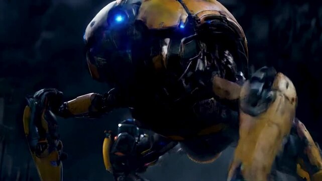 Innovative robots with unique designs navigate a shadowy landscape. Their intricate features and vibrant colors stand out against the dark background, highlighting advanced technology.