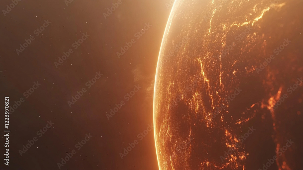 Poster minimalistic depiction of space with a close view of earth and the sun exploding in a bright tone mo