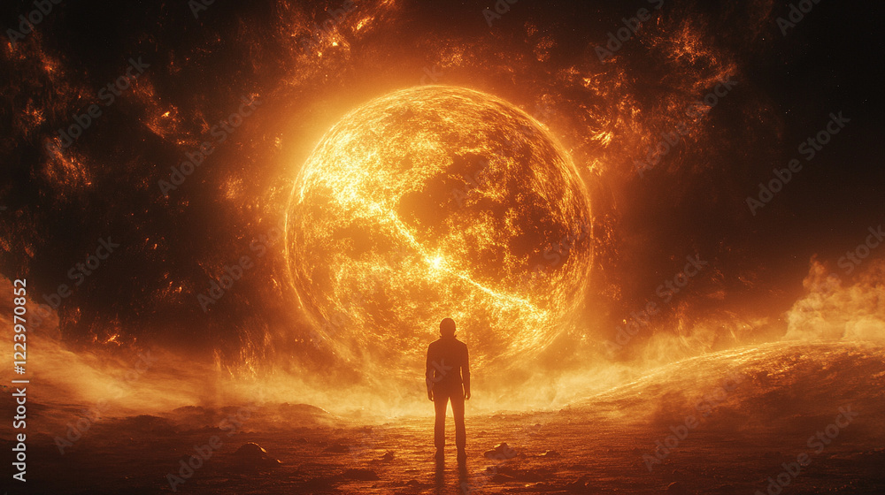 Poster minimalistic depiction of space with a close view of earth and the sun exploding in a bright tone mo