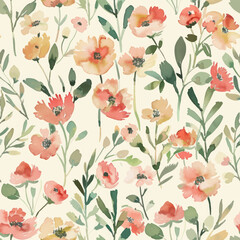 Cute  floral pattern, muted pastel peach and green tones on a cream background watercolor floral seamless pattern. Watercolor print in rustic vintage style, textile or wallpapers.