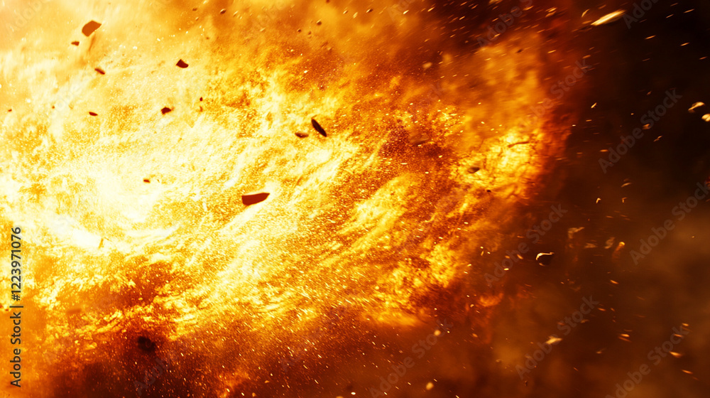 Poster minimalistic depiction of space with a close view of earth and the sun exploding in a bright tone mo