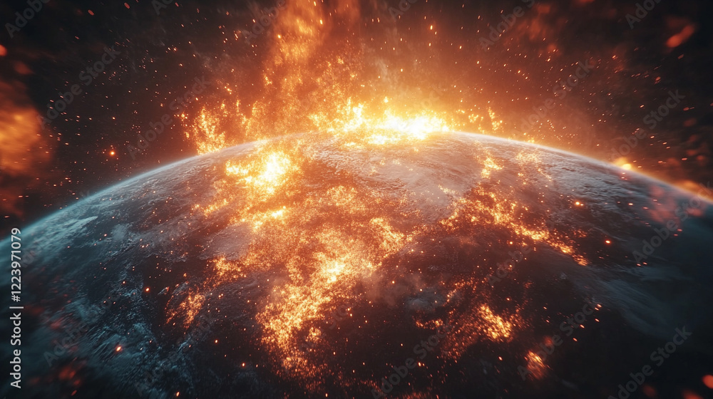 Poster minimalistic depiction of space with a close view of earth and the sun exploding in a bright tone mo