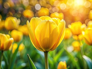 Naklejka premium Yellow Tulip Bloom, Spring Garden, Blurred Background, Macro Photography, Nature, Floral Photography