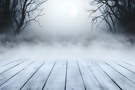 Foggy Halloween night scene, wooden floor