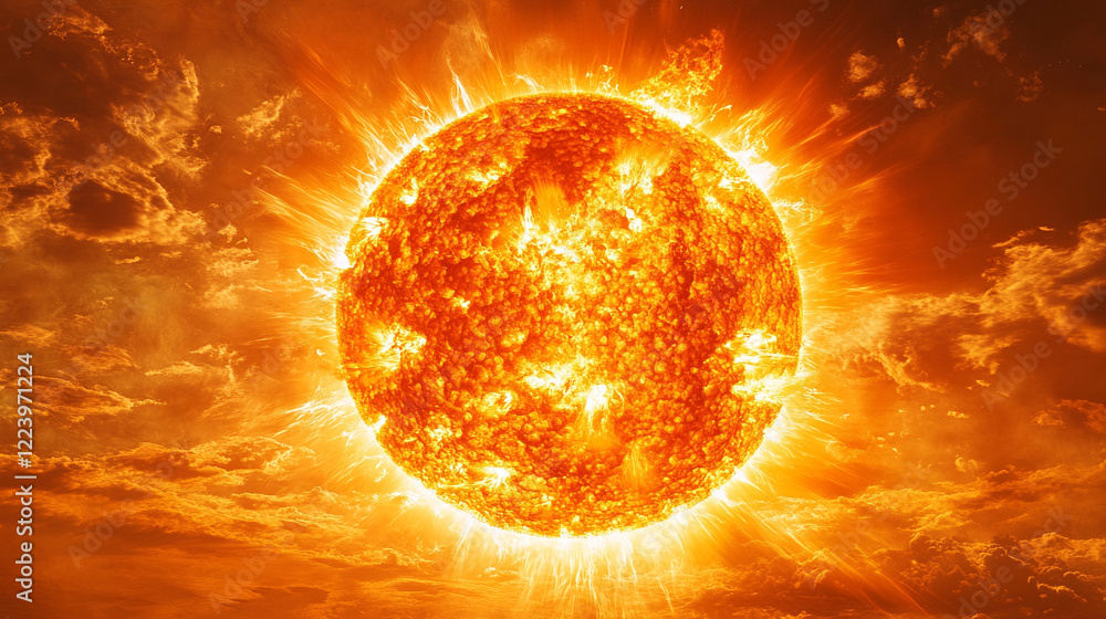 Poster minimalistic depiction of space with a close view of earth and the sun exploding in a bright tone mo