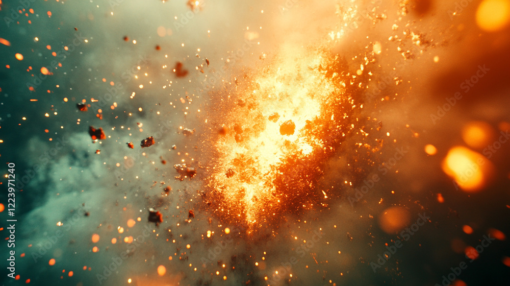 Poster minimalistic depiction of space with a close view of earth and the sun exploding in a bright tone mo
