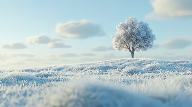 Frosty winter landscape with a solitary snow-covered tree on a hill.
