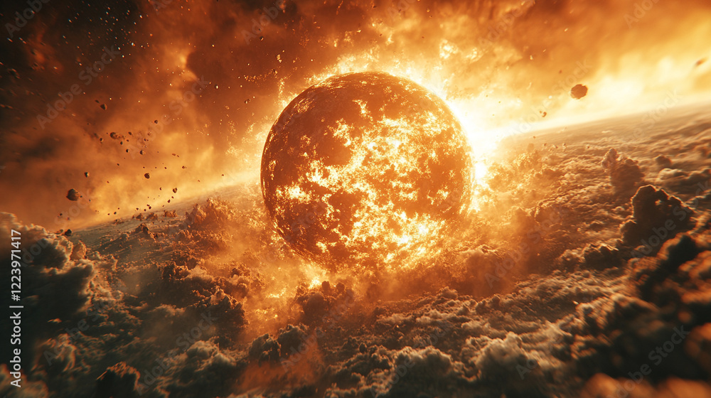Poster minimalistic depiction of space with a close view of earth and the sun exploding in a bright tone mo
