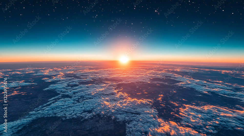 Poster minimalistic depiction of space with a close view of earth and the sun exploding in a bright tone mo