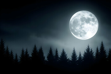 Full moon over silhouetted forest at night