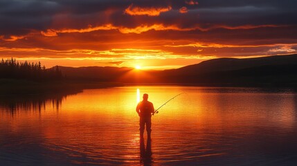 Fototapeta premium Silhouette of a fisherman at sunset on a calm lake.