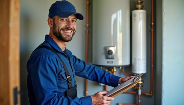 Smiling technician in blue uniform checks home water heater. Expert plumber examines equipment. Holds clipboard, looks at documents. Work indoors. Home repair in progress. Pro service for home hot