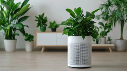 Obraz premium PM2.5 protect concept. Air Purifier with HEPA Filter in Stylish Modern Home Interior with Greenery