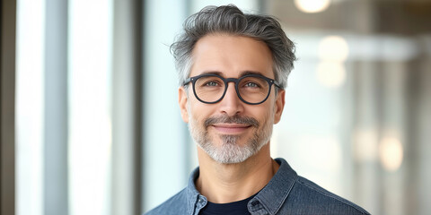 Obraz premium Portrait of smiling confident businessman wearing eyeglasses in office