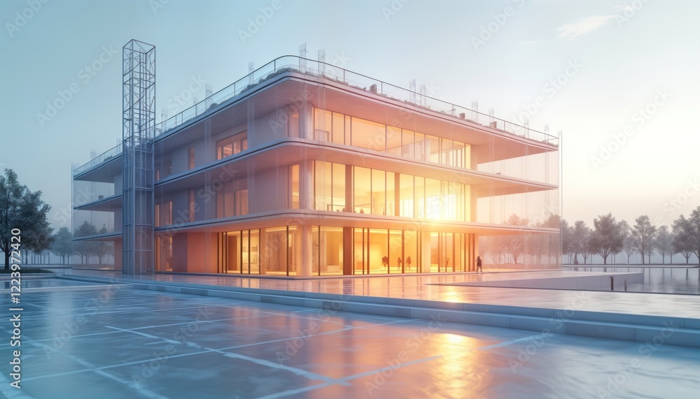 Poster modern building with large glass windows. sunrise illuminates structure. empty parking lot surrounds
