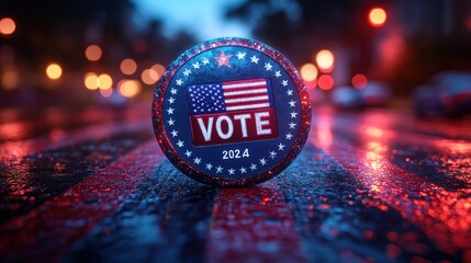 Voting Badge with American Flag, VOTE 2025 Text and Patriotic Symbols for Upcoming Election