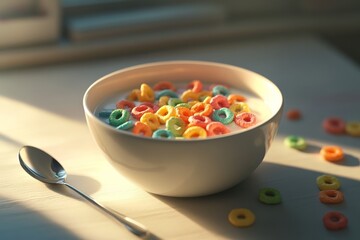 Ring cereal in a white bowl on the table , Generative AI