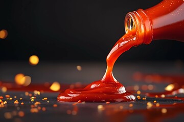 Close up of red ketchup pouring from bottle on red background with copy space