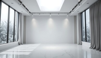 Modern minimalist room with large windows and track lighting