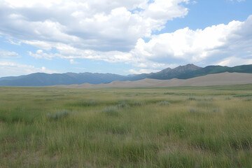 Grasslands, mountains, summer sky, travel backdrop
