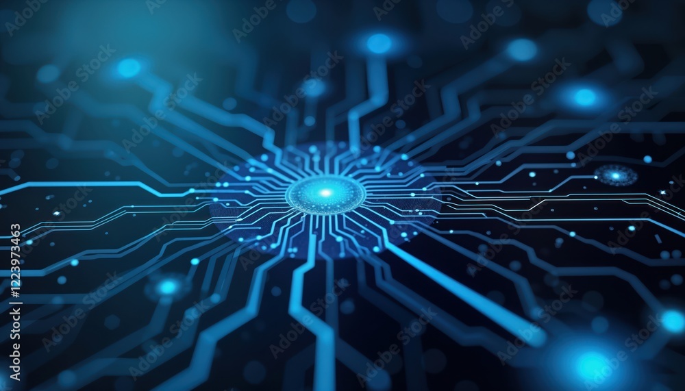 Poster Abstract image of intricate circuit board. Complex network of glowing blue lines and points. Modern tech, advanced design. Futuristic, scientific look. Dark background. Complex technology concept.