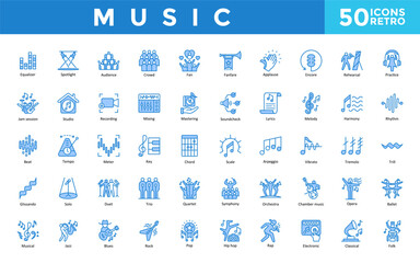 Music icon set with equalizer, spotlight, audience, crowd, fan, fanfare, applause, encore, rehearsal, practice icon. Simple retro vector 