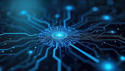 Abstract image of intricate circuit board. Complex network of glowing blue lines and points. Modern tech, advanced design. Futuristic, scientific look. Dark background. Complex technology concept.