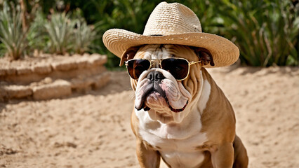 French bulldog posing on camera wearing hat and sunglasses