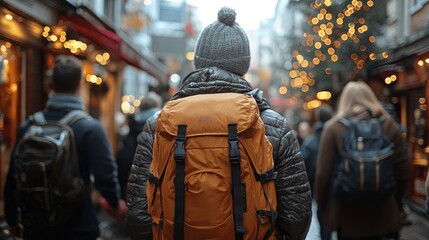 Fototapeta premium Traveler with Backpack Walks Through Festive City Street