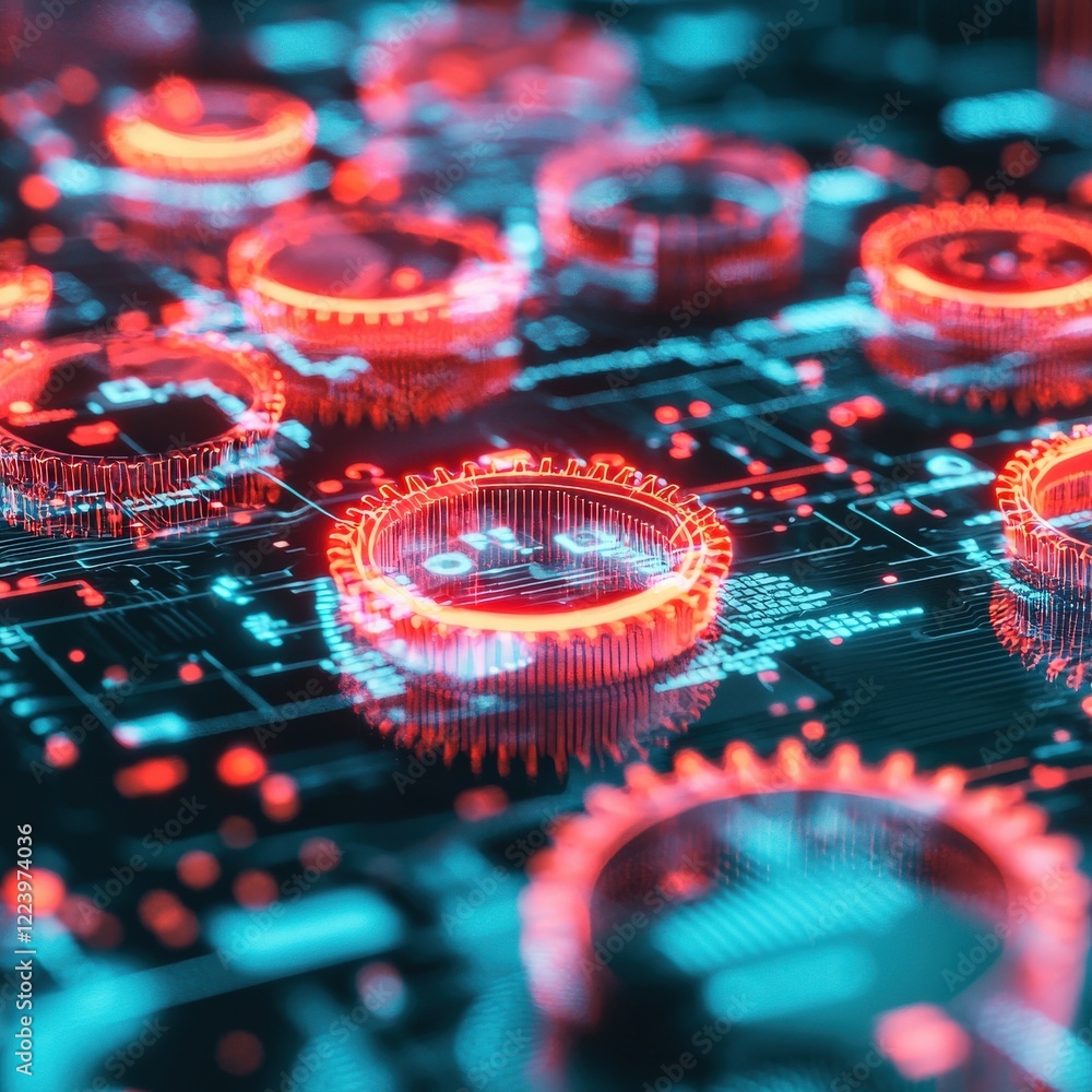Poster futuristic technology interface with neon circuits and glowing circles in a digital environment