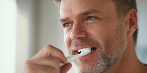 Close-up of smiling man brushing his teeth with a toothbrush