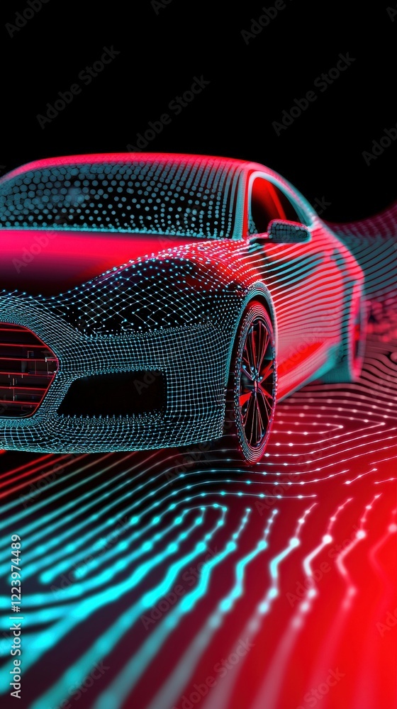 Aufkleber futuristic car design with neon light effect and digital wireframe elements for technology and autom