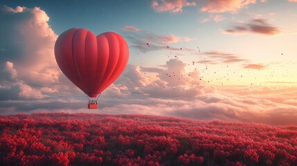 Fototapeta premium Heart-Shaped Hot Air Balloon Floating Over Scenic Flower Field