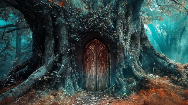 An old wooden door hidden inside a large tree trunk in a misty forest.