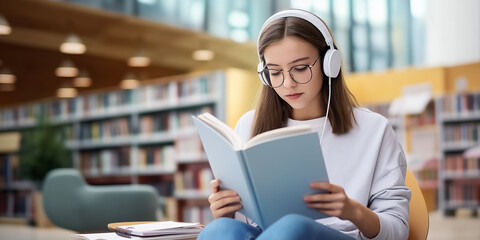 Young student wearing headphones reading a book in the library