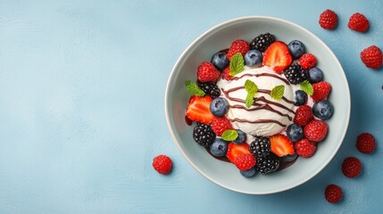 A colorful dessert bowl featuring a scoop of ice cream topped with fresh berries and drizzled chocolate, set against a light blue background.