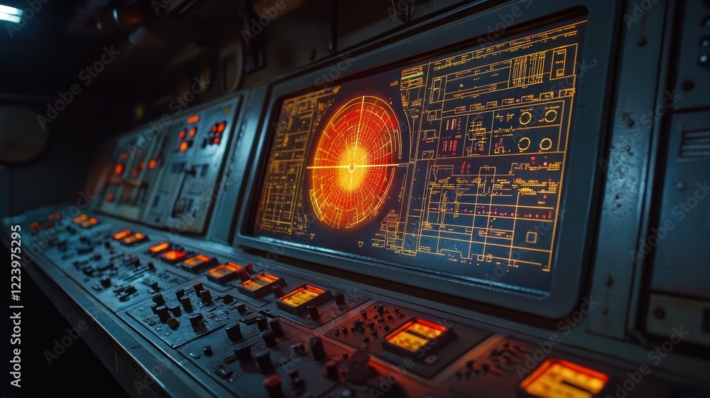 Poster retro futuristic control panel with radar display.