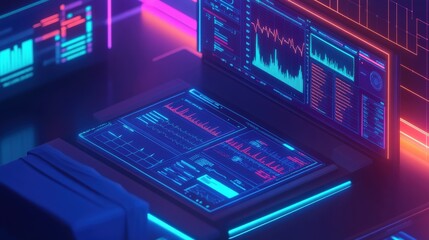 Futuristic Laptop Display with Neon Graphics and Data Visualization in Dark Environment